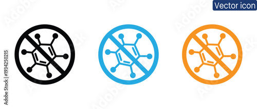 Set of prohibition signs featuring molecule symbols in black, blue, and orange, conveying a sense of warning or restriction in a scientific context
