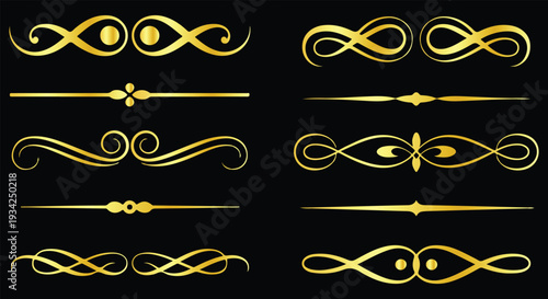 Golden ornamental design elements in various shapes and styles for decoration purposes only