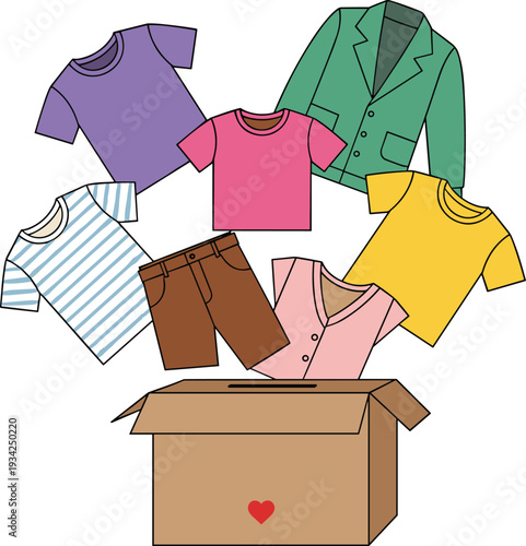 Clothing donation box with assorted garments, charity concept for giving and supporting community flat vector illustration
