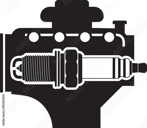 Detailed black silhouette of a car engine block with an internal spark plug for automotive mechanic service.