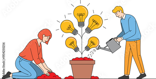 Creative teamwork growing ideas concept, business people nurturing innovation light bulb plant flat vector illustration