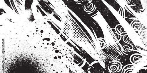 Bold Diagonal Black and White Abstract Grunge Background with Spirals and Halftone Dots. Dynamic Spray Paint Brush Strokes and Splatters for Urban Art and Graphic Design.