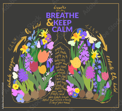 Human lungs floral decorative vector illustration. Square breathing exercise. Health concept. Lifestyle and medical creative drawing poster with spring flowers, butterflies