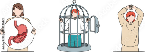 Eating disorder awareness illustration, anorexia and bulimia concept, mental health struggle with body image, digestive problem and emotional distress