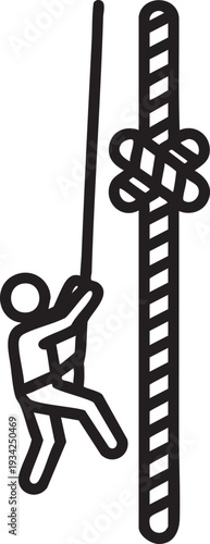 Stick figure climbing a rope ladder black and white illustration