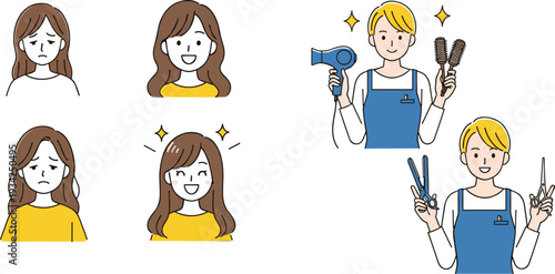 Hair transformation concept illustration, before and after woman hairstyle makeover, professional hairstylist tools, beauty salon service cartoon vector