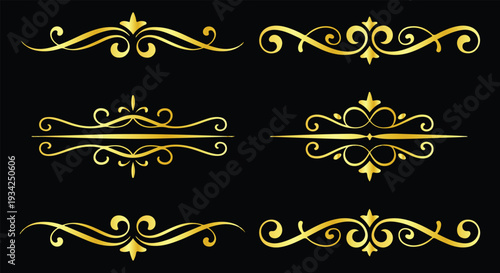 Set of elegant gold ornamental designs on dark background for decoration and graphic use