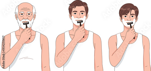 Men shaving beard illustration set, young adult and senior male grooming routine with razor foam personal care vector