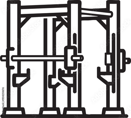 Line art illustration of a power rack for weightlifting exercises