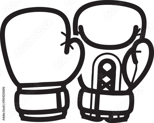 Black and white illustration of boxing gloves and a boxing shoe