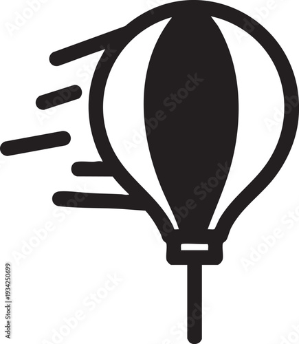 Simple black and white illustration of a hot air balloon in flight
