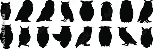 Black owl silhouettes in diverse postures and shapes, artistic vector illustration highlighting head tufts, wings, and stance, symbolizing wildlife, nocturnal birds, and creative design elements