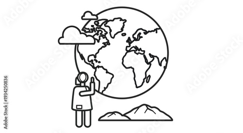 Line art illustration depicting a person holding a cloud over the earth climate crisis text