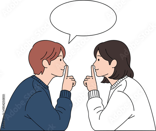 Two people making silence gesture with speech bubble, secret conversation concept, communication privacy and confidential information illustration