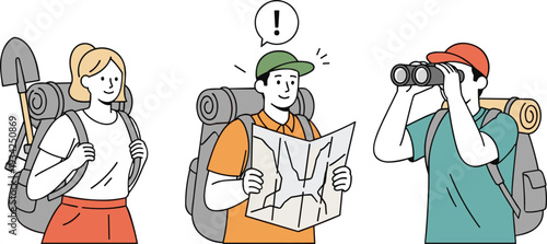 Three hikers with backpacks exploring wilderness, camping adventure illustration, outdoor travel concept, trekking teamwork, navigation map and binoculars