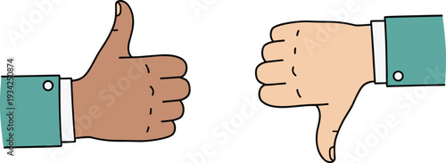 Thumbs up and thumbs down hand gestures illustration, positive and negative feedback concept, rating review symbol cartoon vector