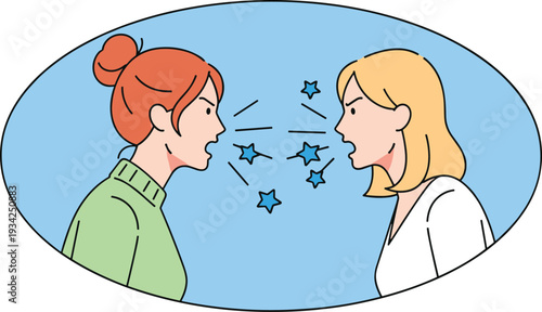 Two women arguing face to face, angry conversation conflict communication problem emotional disagreement flat vector illustration