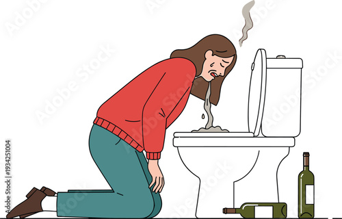 Woman vomiting after alcohol abuse, hangover sickness illustration, unhealthy drinking behavior, addiction problem and health risk concept