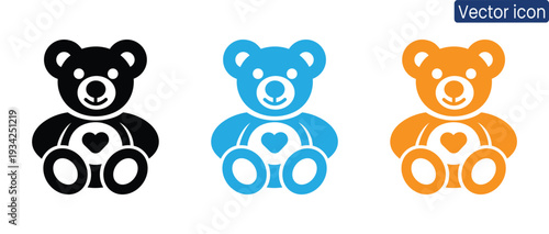 Adorable teddy bear icons with heart symbols in black, blue, and orange, perfect for representing love, care, and friendship in digital designs.