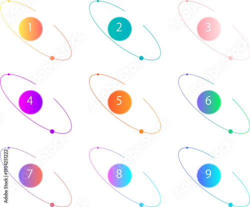 カラフルグラデーション円形ステップアイコンセット1〜9　軌道ライン装飾付きのモダンなプロセス表示インフォグラフィック素材