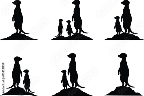 Black meerkat silhouettes standing upright on mounds, artistic vector illustration showcasing social behavior, alert posture, wildlife vigilance