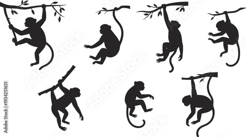 Black monkey silhouette illustration featuring multiple climbing, hanging, and sitting poses with leafy branches, primate wildlife artwork for jungle nature, education