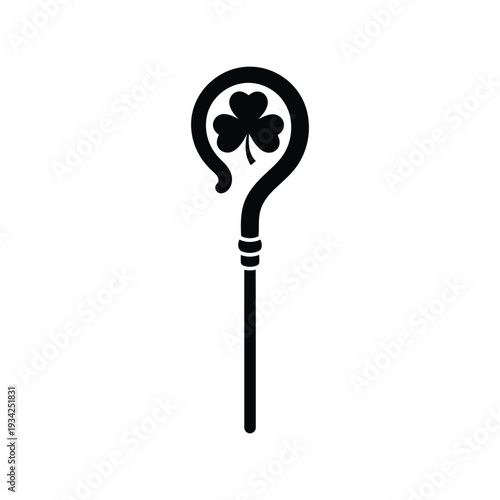 Saint Patrick's Day bishop staff with shamrock icon vector, black silhouette illustration