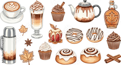 Autumn Coffee and Dessert Collection with Latte, Cinnamon Rolls, Cupcakes, Maple Syrup and Cozy Fall Treats Vector Illustration Set