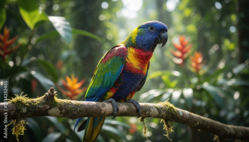 Obraz premium Vibrant Rainbow Lorikeet Parrot Perched on Mossy Branch in Lush Tropical Forest