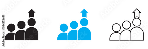 Human efficiency Team Growth Arrow Line Chart Icon. Showing team members beneath rising arrow graph, symbolizing business growth, leadership, performance improvement and corporate success.