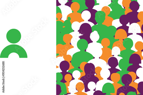 A colorful illustration of diverse people icons in green, purple, orange, and white hues, symbolizing community, diversity, and inclusivity in a vibrant, modern graphic design.