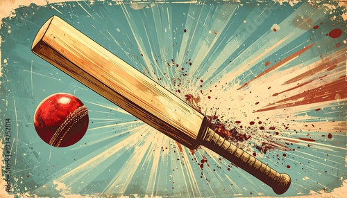 Vintage Cricket Bat and Ball Exploding with Energy.