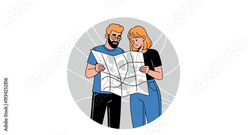 A cartoon illustration of a smiling man and woman looking at a large map together, both wearing blue, standing in a circle with a grey background.
