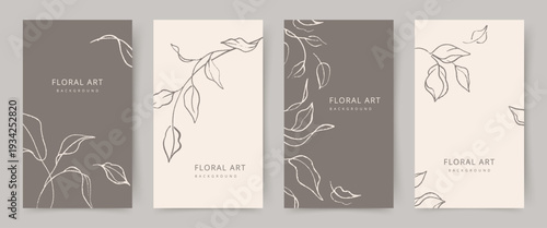 Elegant floral background set with hand drawn branches and leaves in neutral beige and brown colors. Vector design templates for wedding invitation, greeting card, poster, business card, social media 