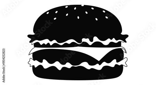 A simple black and white illustration of a classic cheeseburger with visible layers