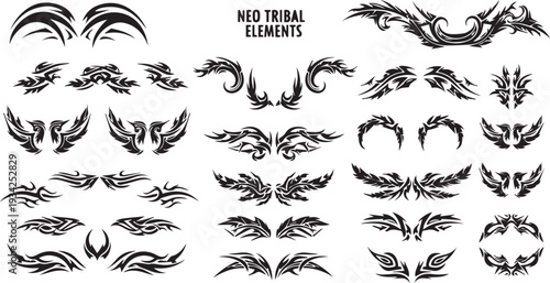 Collection of neo tribal elements and feather designs in black on white background for tattoo or graphic design inspiration.