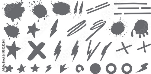 Collection of grey hand drawn ink splashes stars lightning bolts crosses and circles