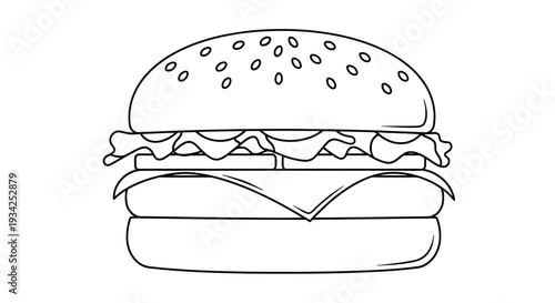 Simple line drawing of a classic cheeseburger with sesame seeds on the bun