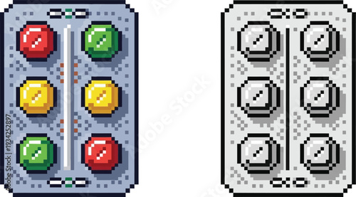 Pixel art illustration of two blister packs, one with colorful pills and another with grey medical tablets.