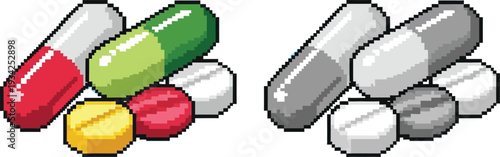 A vibrant assortment of pharmaceutical pills and capsules, alongside a monochromatic version, illustrating medication and healthcare concepts.