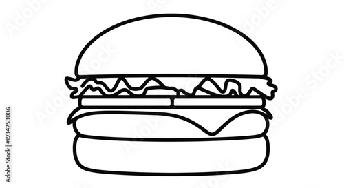 Simple black and white line drawing of a classic cheeseburger with layers