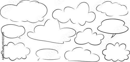 Collection of hand drawn speech bubbles and thought clouds