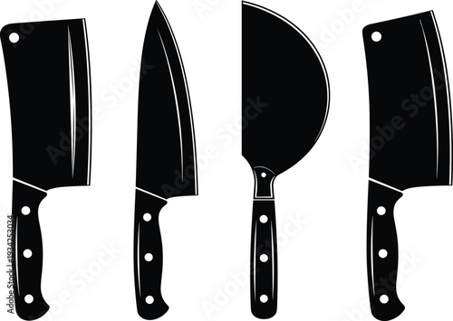 Kitchen knives silhouette set, black chef knife collection, butcher cleaver illustration, cooking tools clipart, isolated white background