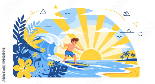 Surfer Riding Wave at Sunset Tropical Beach Illustration