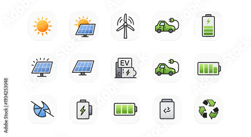 Renewable Energy Icon Set with Solar Panels Wind Turbine Electric Vehicle and Green Battery for Sustainable Ecology Concept