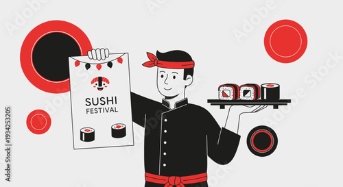Sushi Festival Chef Presents Menu and Delicious Rolls