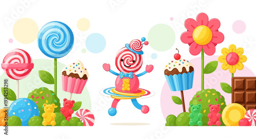 Sweet Candy Land: Whimsical Lollipop Girl, Cupcakes, Gummy Bears, and Chocolate Bar