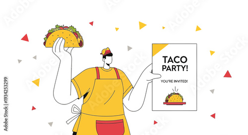 Taco Party Invitation - Cartoon Character Holding Taco and Invite