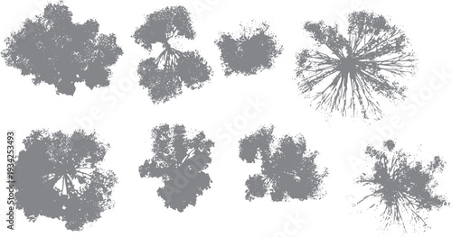 Collection of seven grey tree silhouettes on white background