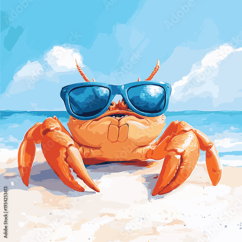 Crab Wearing Blue Sunglasses Relaxing on a Sandy Beach, vector style simple color